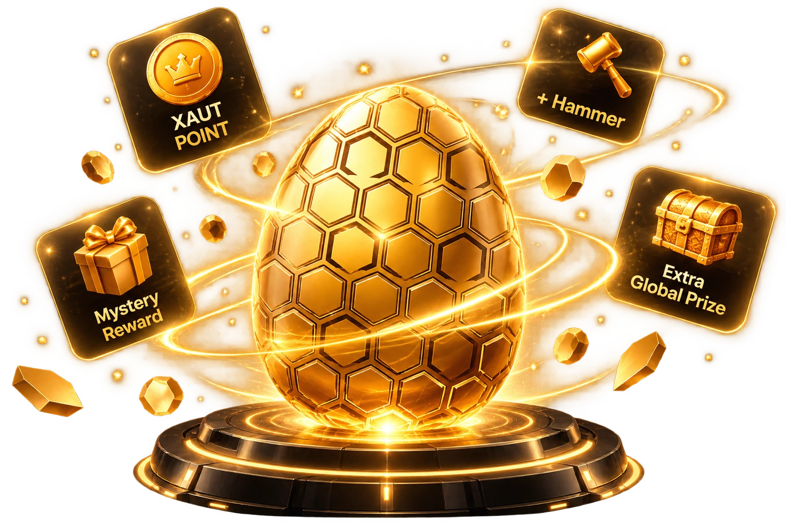 Golden Egg with reward cards, a hammer, and glowing rings